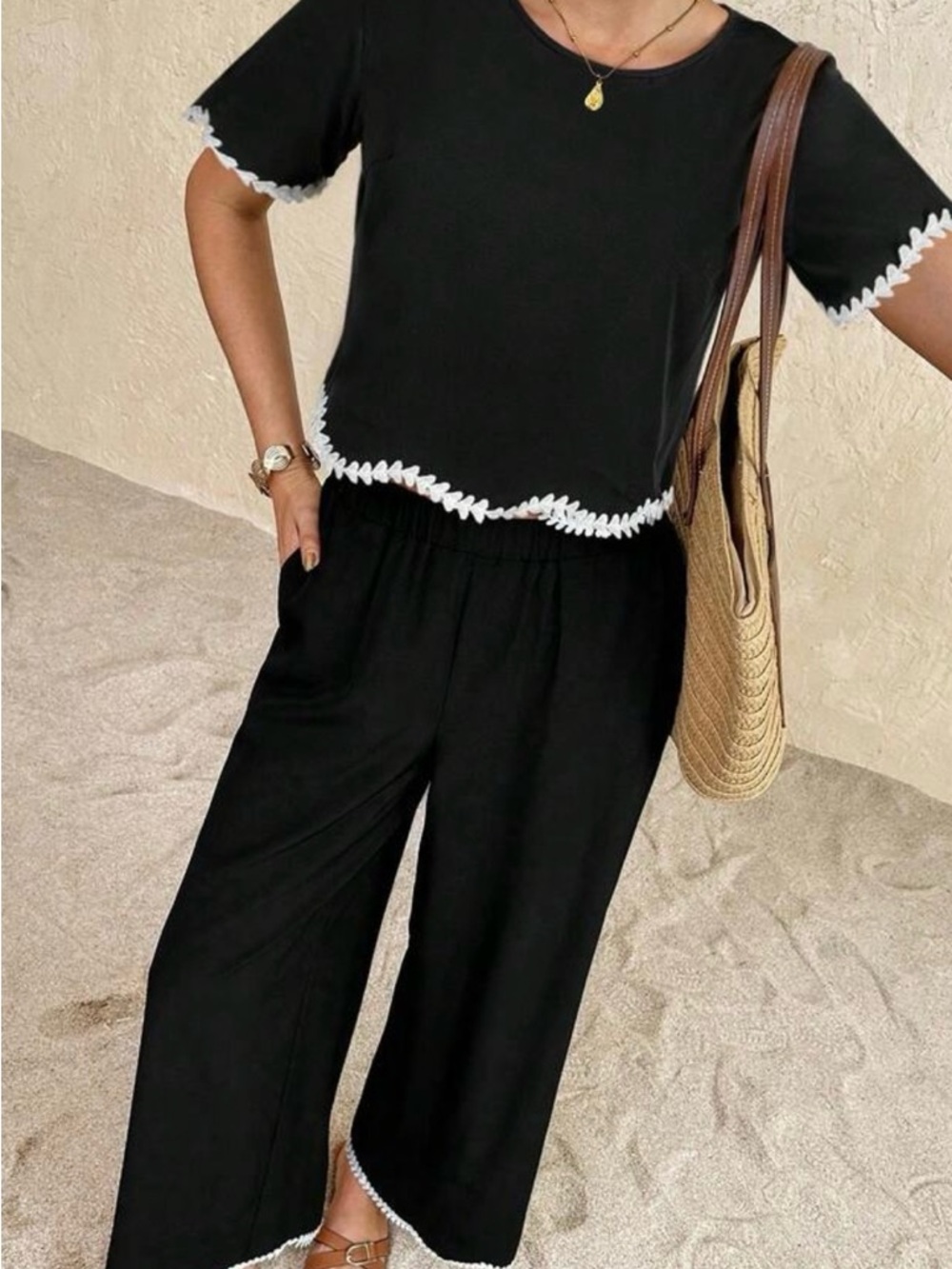 Black Two-Piece Wide-Leg Jumpsuit Set with White Trim